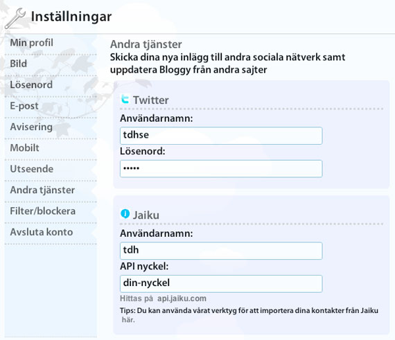 Andra inställningar på Bloggy