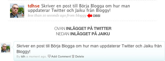 Inlägget på Twitter och Jaiku